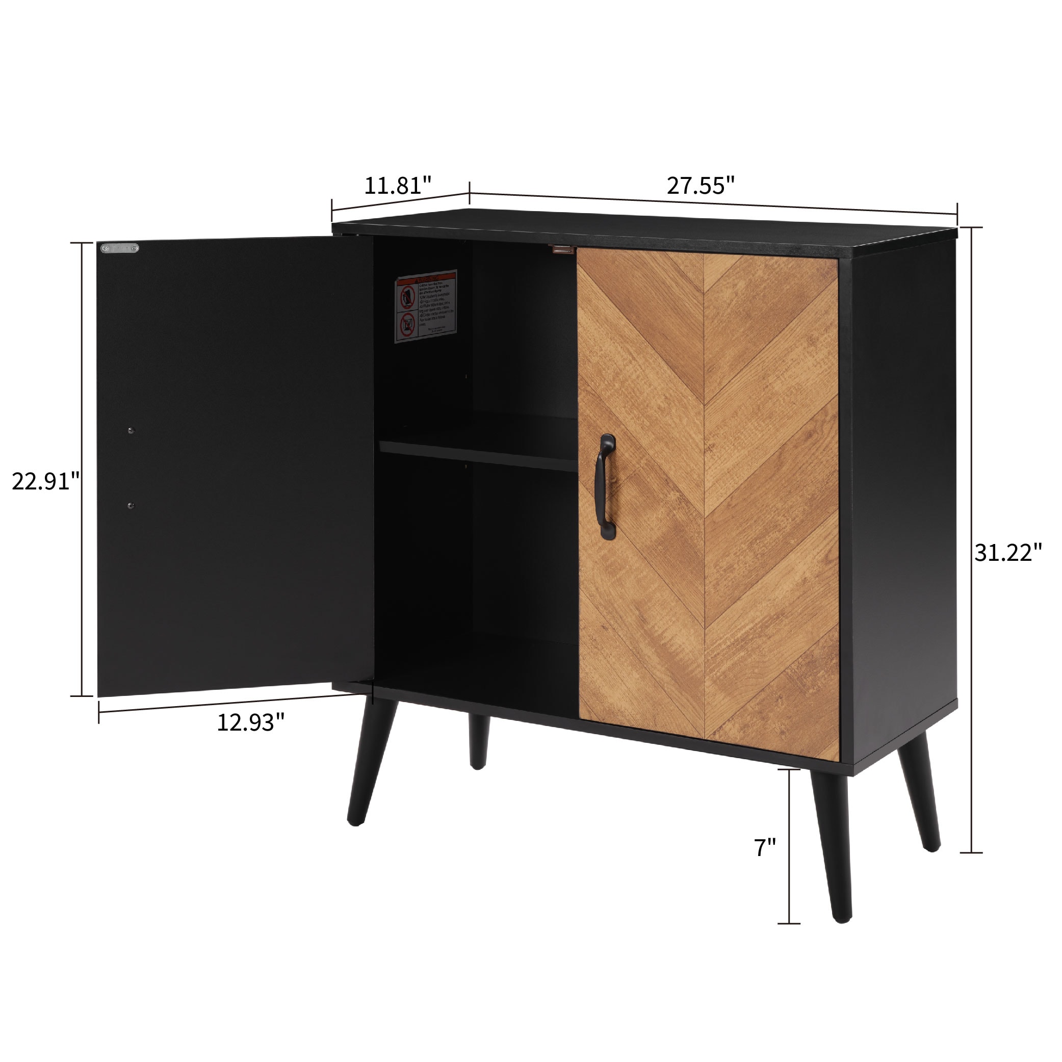 Accent Cabinet With Adjustable Shelf, Kitchen Storage Cabinet With Herringbone Design, Black Sideboard For Living Room, Kitchen, Entryway_voghion.com